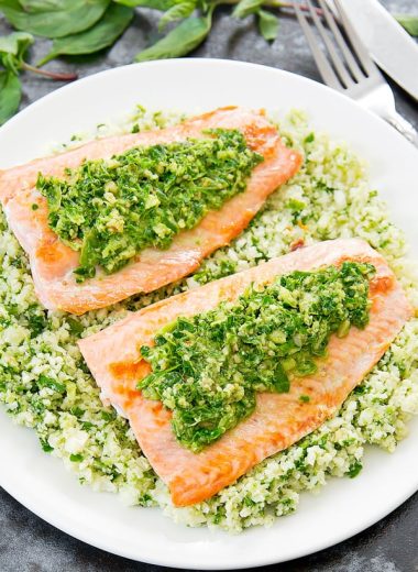 CRISPY SKIN SALMON WITH PESTO CAULIFLOWER RICE