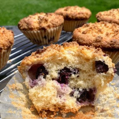 Sourdough Blueberry Muffins with Crumb Topping