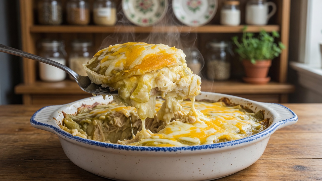 Green Chili Chicken Enchilada Casserole