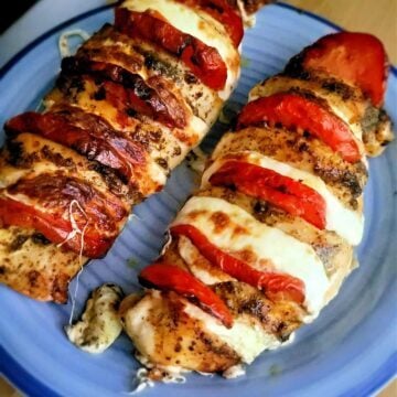Air Fryer Caprese Chicken with Pesto, Tomato and Cheese recipe